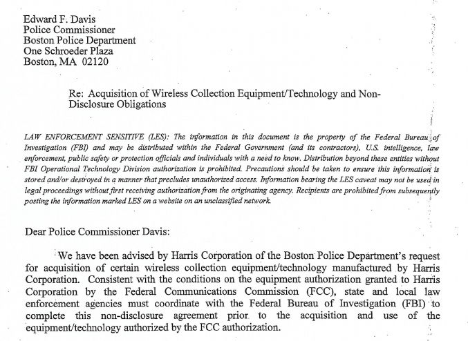  Former BPD Commissioner Ed Davis signed the nondisclosure agreement regarding cell site simulators with the FBI in June 2013. The agreement is dated April 2013.