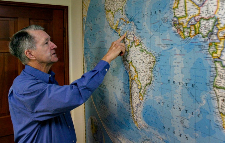 Jack Harbeston, the managing director of the salvage firm Sea Search Armada, shows the general location of the Spanish galleon San Jose in 2007.