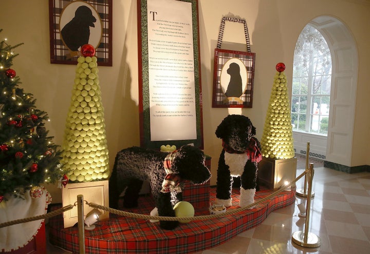 A display of the Obama family dogs, Bo and Sunny, at the White House on Dec. 2, 2015. According to a White House press release, the replicas were "created out of nearly 55,000 feet of yarn knitted into 7,000 yarn pom-poms." 