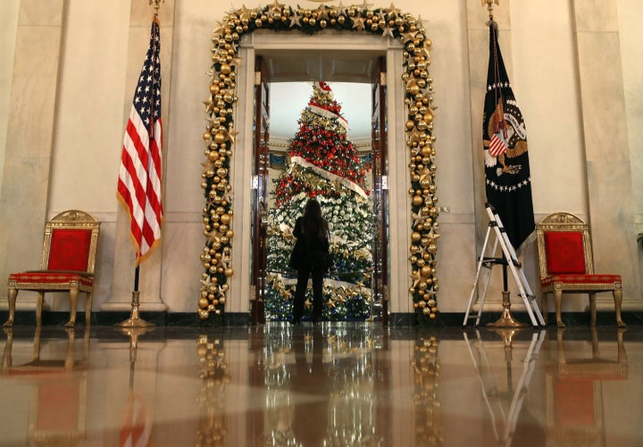 A decorated tree stands in the Blue Room on Dec. 2, 2015.
