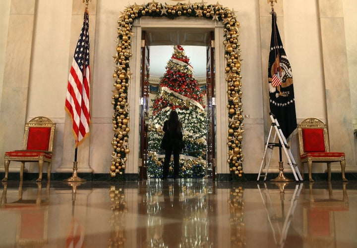 A decorated tree stands in the Blue Room on Dec. 2, 2015. 