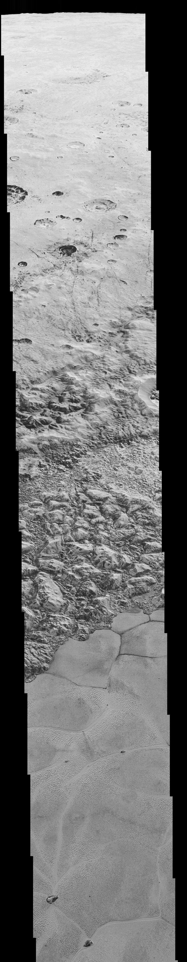 This mosaic of the highest-resolution images shows a 50-mile-wide strip of Pluto's terrain stretching across the al-Idrisi mountains.