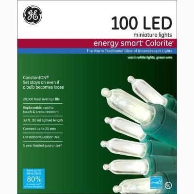 GE 100 LED Miniature Lights Energy Smart ConstantOn, Pure White