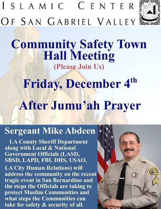 Law enforcement spoke at the Islamic Center of San Gabriel Valley near Los Angeles on Friday with hopes of reassuring Muslims of their safety.