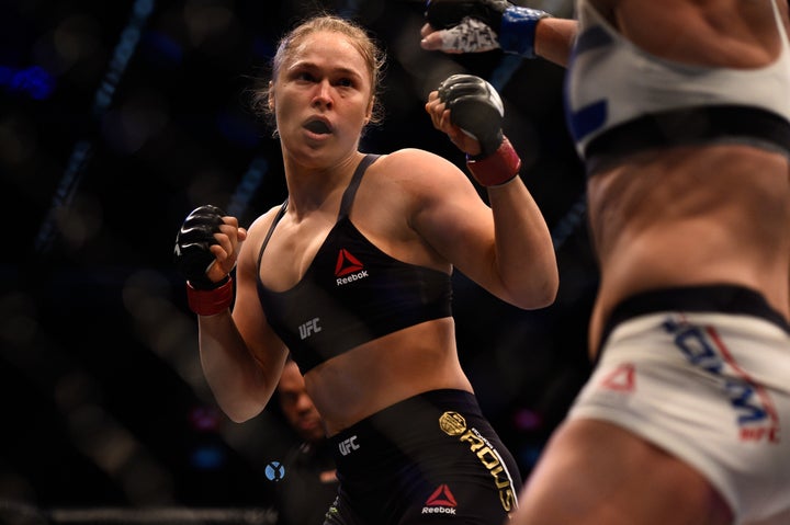 Ronda Rousey faces Holly Holm in their UFC women's bantamweight championship bout during the UFC 193 event at Etihad Stadium