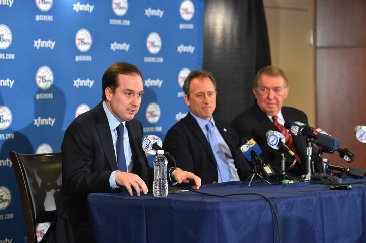 76ers GM Sam Hinkie, owner Josh Harris and new special advisor Jerry Colangelo