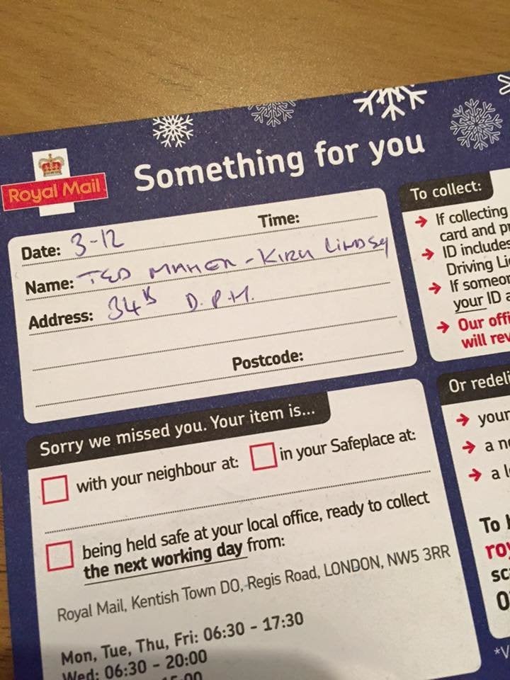 The package was addressed specifically to Ted, barring his owner, Brittany, from collecting it for him.