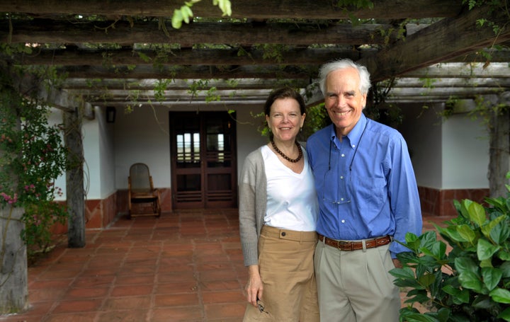 U.S. billionaire Douglas Tompkins (R) and his wife Kristine pose in the front of their house at the estate "Rincon del Socorro" in Ibera, near Carlos Pellegrini in Corrientes Province, Argentina, on Nov. 5, 2009. The founder of the clothing brand North Face, Tompkins, converted into an ecology activist and committed to the vastness of the marshes in the heart of the province of Corrientes, the scene of a "green war" with the farmers.