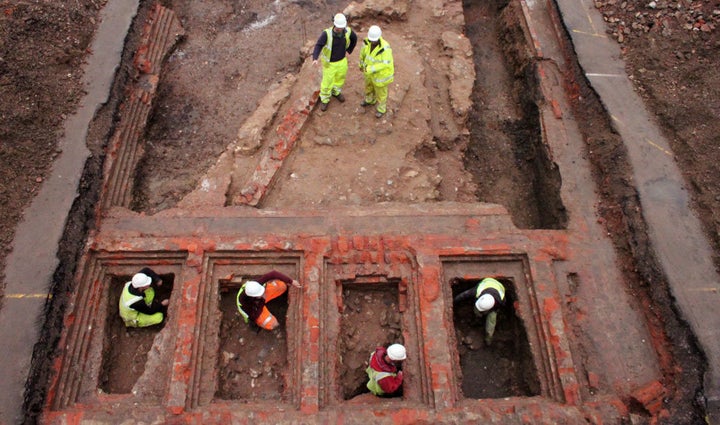 Foundations of the 20th-century brick prison, built on top of the medieval castle's keep wall.