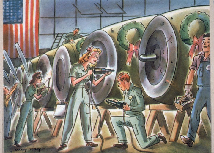 Cartoon by Bernard Tobey depicts men and women as they happily work together to build aircraft cowlings, each of which is decorated with a Christmas wreath, 1940s.