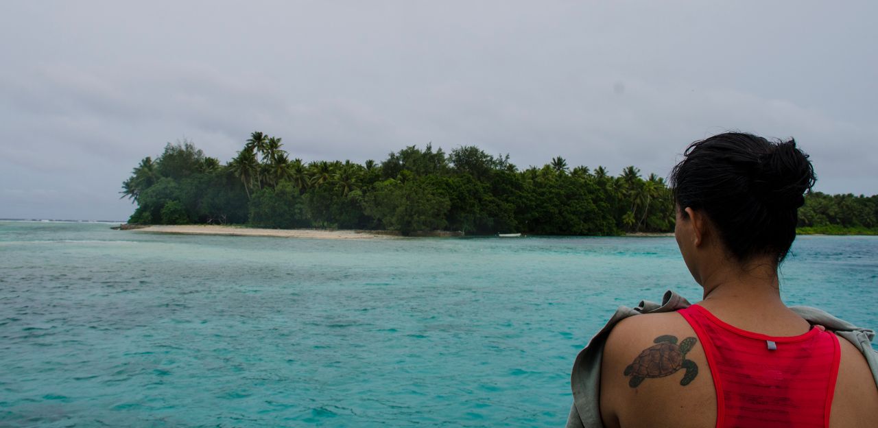 Candice Guavis looks out over the lagoon at one of the remote islands on Majuro Atoll.