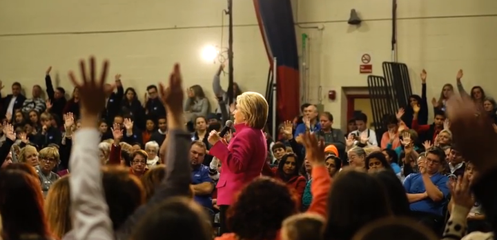 Hillary Clinton asks the crowd at a town hall in New Hampshire if they have been affected by the substance abuse epidemic.