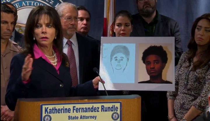 State Attorney Katherine Fernandez Rundle holds up a photo of Deandre Edwin Charles next to a witnesses' sketch of him.