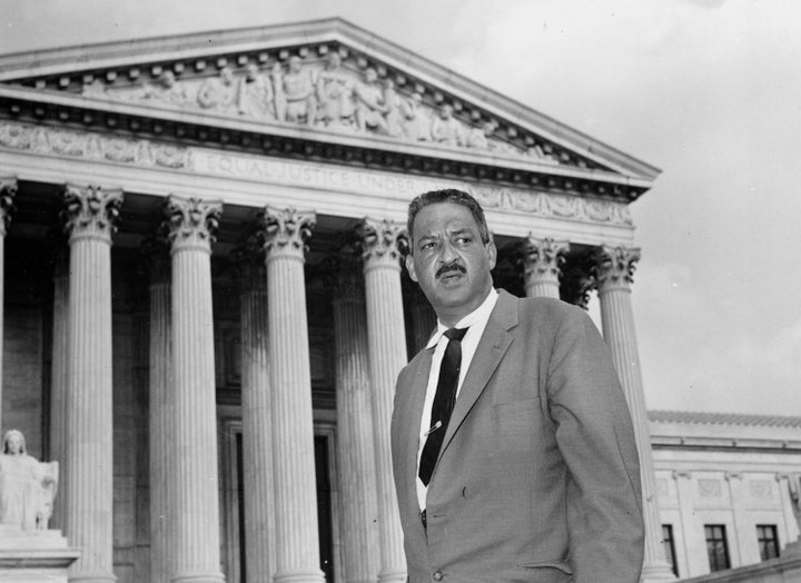 Thurgood Marshall outside the Supreme Court in Washington in 1958. Marshall argued the Brown v. Board of Education case, which made school segregation illegal.