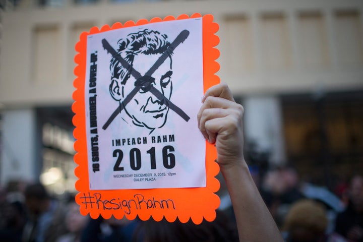 CHICAGO, IL - DECEMBER 09: Demonstrators march through downtown on December 9, 2015 in Chicago, Illinois. About 1,000 protestors calling for the resignation of Chicago Mayor Rahm Emanuel marched through downtown blocking traffic and occasionally having brief clashes with police. Emanuel has come under fire as allegations of extreme misconduct in the Chicago Police Department continue to surface and many people have accused the mayor of trying to cover it up.