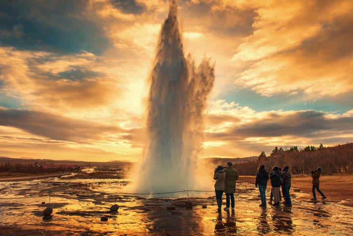 The famous Strokkur geyser erupts every five to 10 minutes, gushing water up to 100 feet in the air.