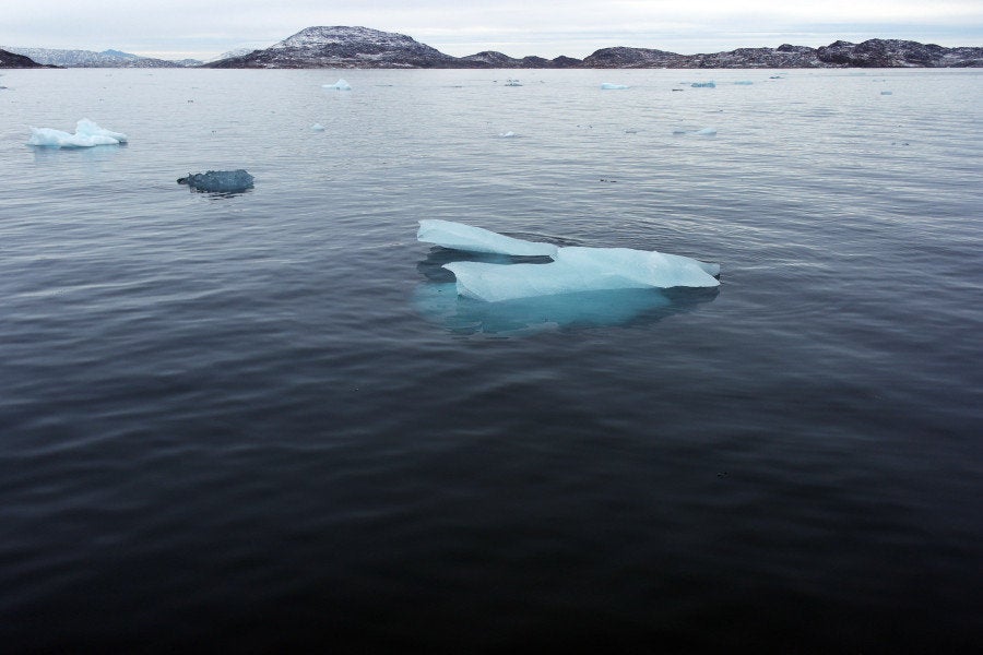 Pieces of ice from the Greenland ice sheet float in Nuup Kangerlua. The Nuup Kangelua was chosen for logistical reasons. This is a site, close to Greenland’s capital Nuuk, where the ice could be retrieved and shipped to Copenhagen with minimal effort and spending of resources.