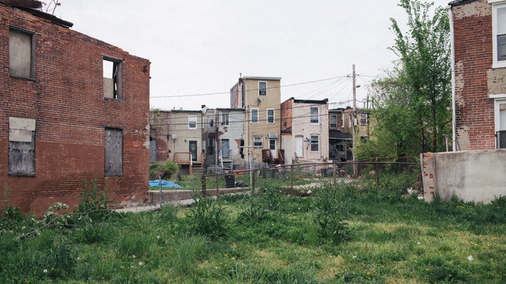 A large number of buildings in the Sandtown-Winchester neighborhood are in a state of disrepair.