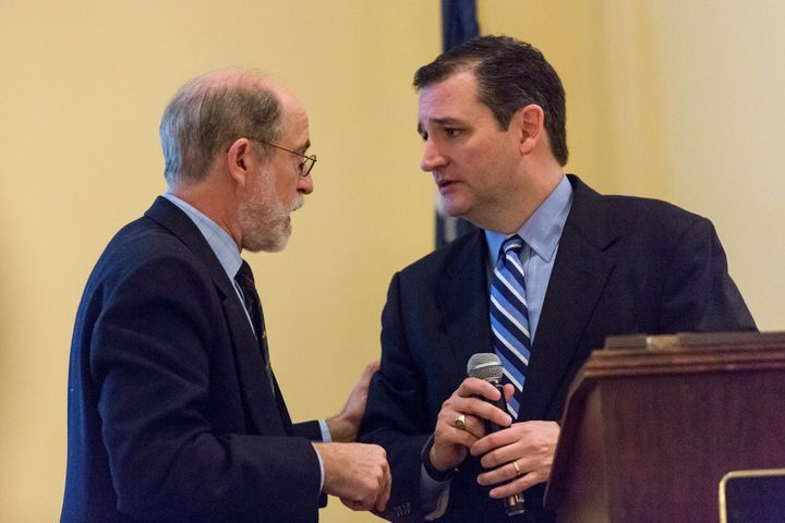 Sen. Ted Cruz (R-Texas) talks with Frank Gaffney after addressing the South Carolina National Security Action Summit on March 14, 2015.