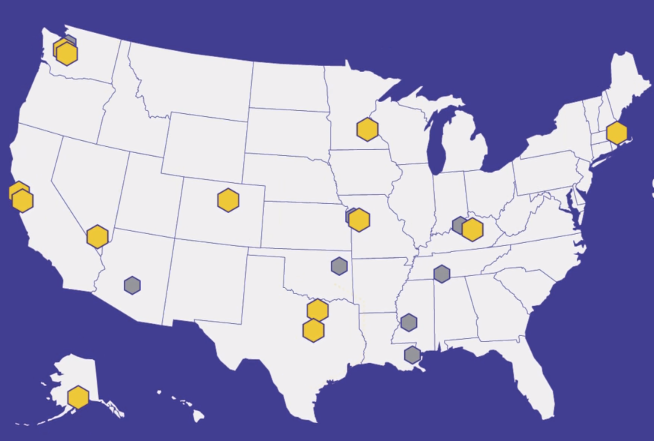A map plotting the location of all 21 grantees in the Whats Working Cities initiative. Gold indicates the 13 newly announced