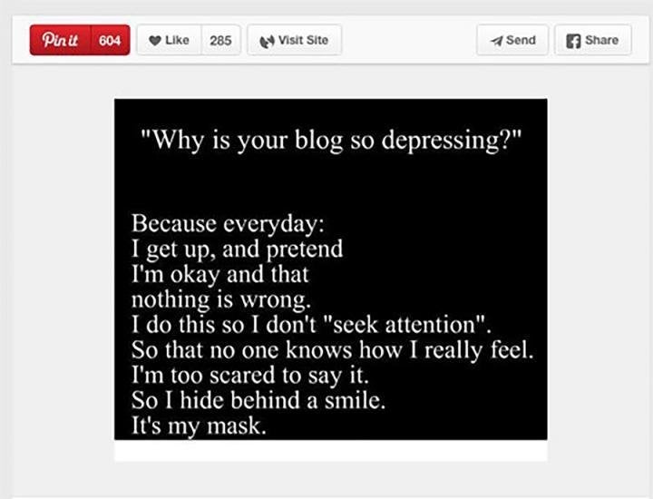 <br />This pin, used in a University of Georgia study on depression and social media, portrays dysfunctional coping.