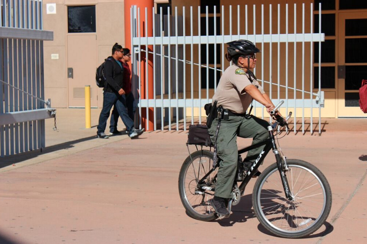 San Bernardino City Unified School District police officers get support from more than 50 campus security officers who patrol campuses and are trained in handcuffing and baton use.