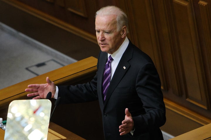 Vice President Joe Biden gestures as he speaks to the Ukrainian Parliament on Tuesday, Dec. 8, 2015, during his official visit to Ukraine.