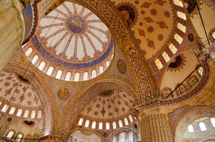 The interior of the Sultan Ahmed Mosque in Istanbul, Turkey