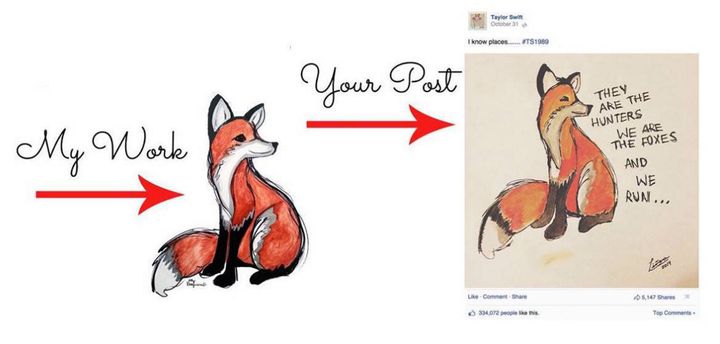 Look familiar? Artist Ally Burguieres claims Taylor Swift used her artwork of this fox without her permission to promote her 1989 album on Twitter.