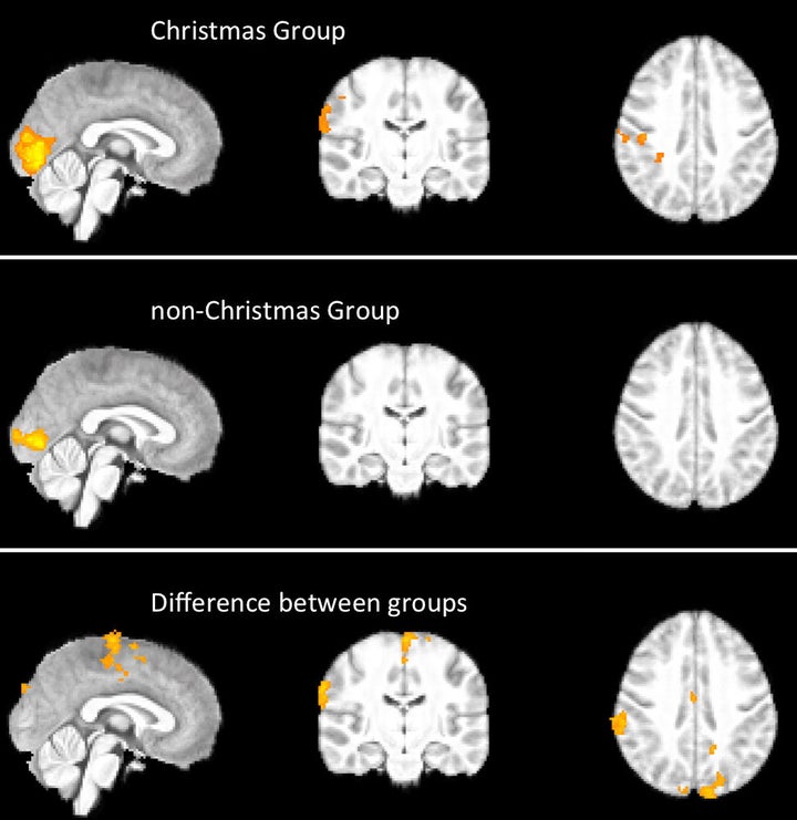 This graphic shows the differences between the brains of those who celebrate Christmas and those who don't, when presented with Christmas visuals.