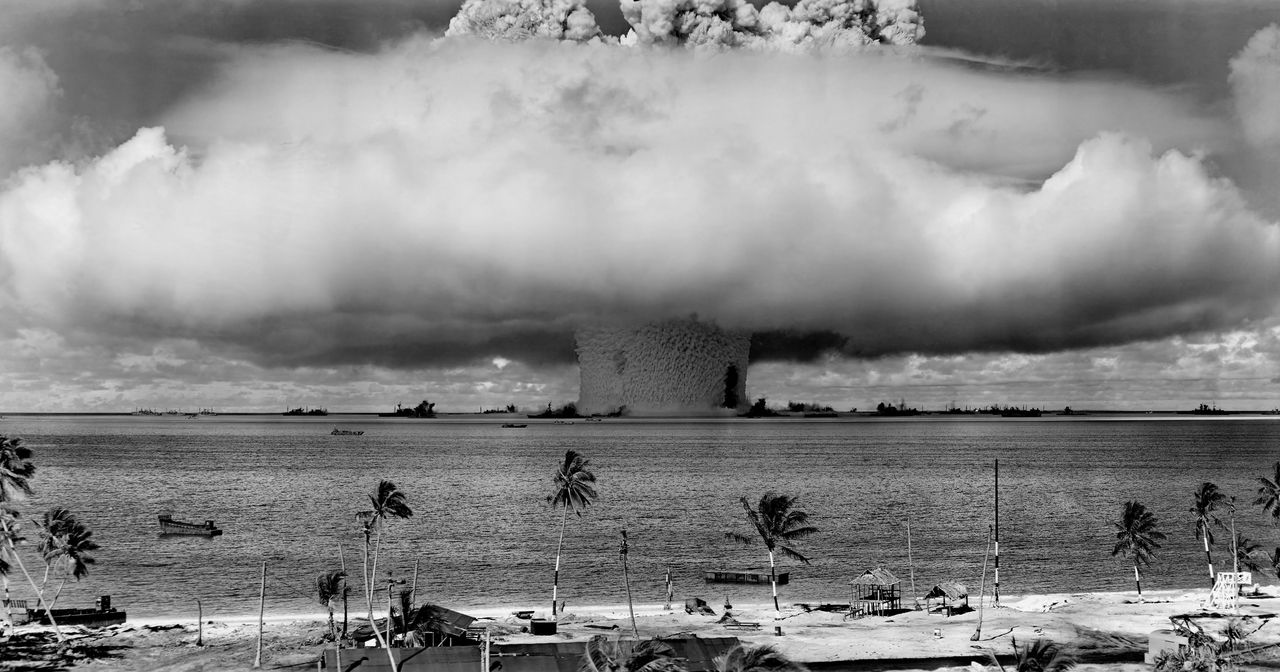 The "Baker" explosion, part of Operation Crossroads, at Bikini Atoll, 1946.