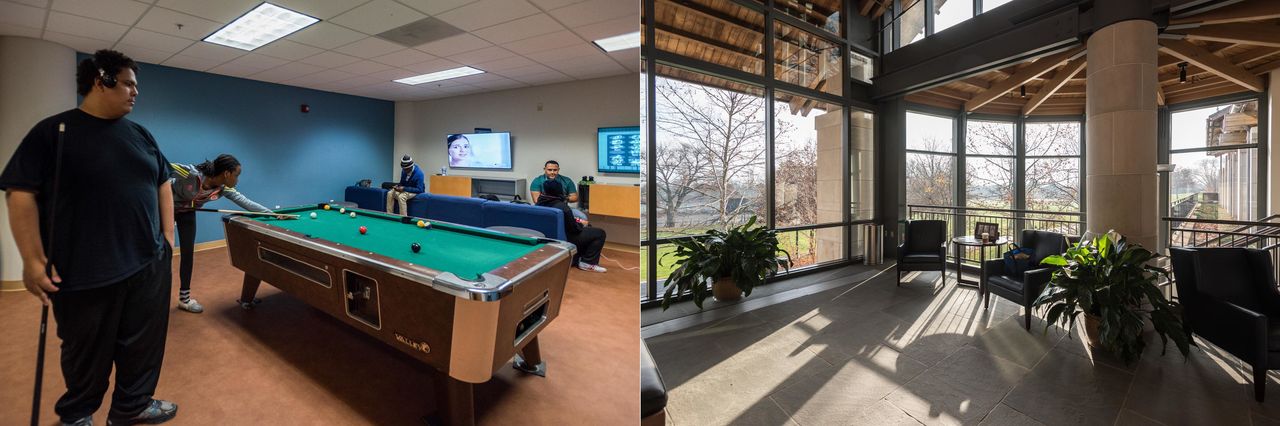 Game room at Capital Community College (left) and waiting room for the admissions office at Trinity College (right).