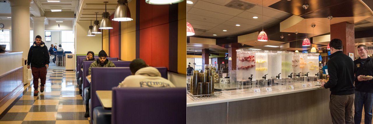 In the cafeteria at Trinity College (right), students choose from many flavors of fruit-infused water. Such perks are not on the menu at Capital Community College, which is housed in an old department building in Hartford (left).