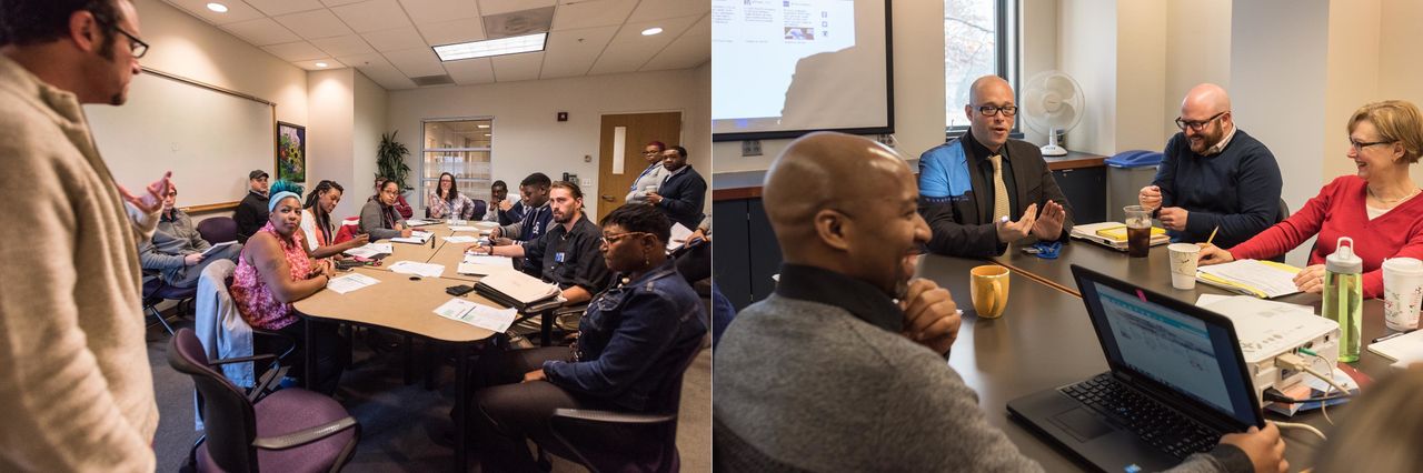 Student government senate meeting at Capital Community College (left). Angel Pérez, admissions dean, tells a story before the start of a meeting at Trinity College (right).