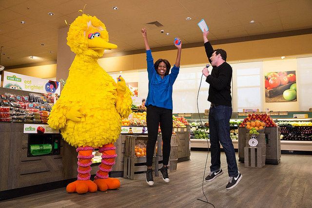 First Lady Michelle Obama participates in a "Let's Move!" Funny or Die game show taping with Billy Eichner of Billy on the Street, and Big Bird at Safeway in Washington, D.C., Jan. 12, 2015. (Official White House Photo)
