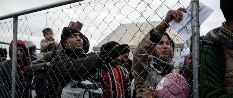 Thousands of migrants and refugees wait in a makeshift camp, hoping to cross the Greek border into Macedonia.