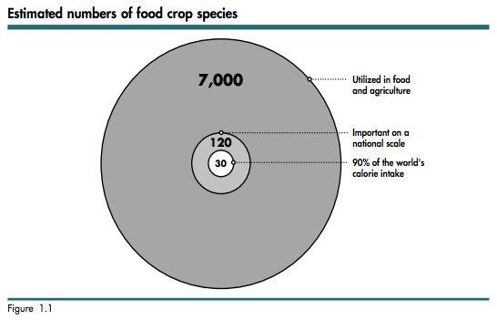Thirty crops account for some 90 percent of the entire world's caloric intake, according to the FAO. Some 7,000 are available. This is what that looks like.