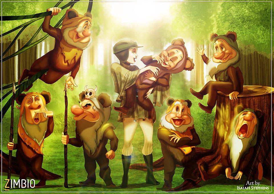 Snow White and the Seven Dwarfs as Leia with the Ewoks