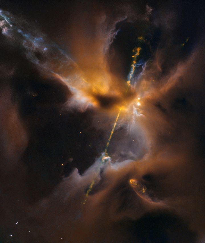 This celestial "lightsaber" spotted by the Hubble Space Telescope was formed by superheated matter ejected from the poles of a newborn star.