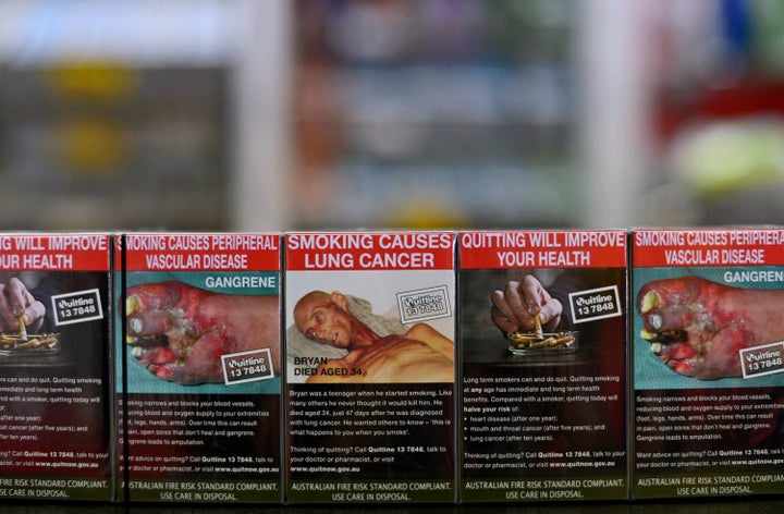 Packs of Philip Morris International Inc. Marlboro Menthol cigarettes in Australian plain packaging.