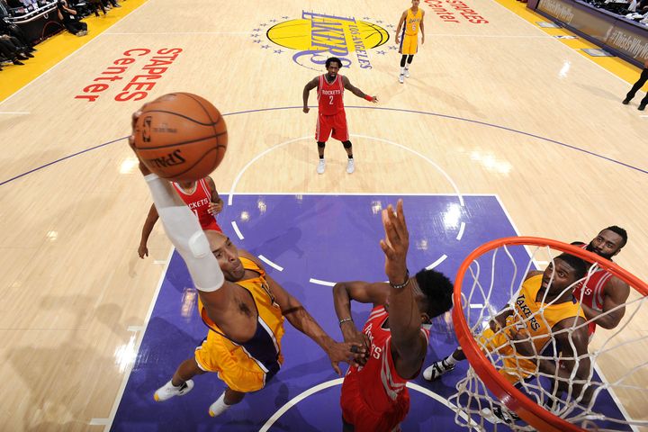 Bryant throws down the dunk during Thursday's game against the Houston Rockets at the Staples Center in Los Angeles, California.
