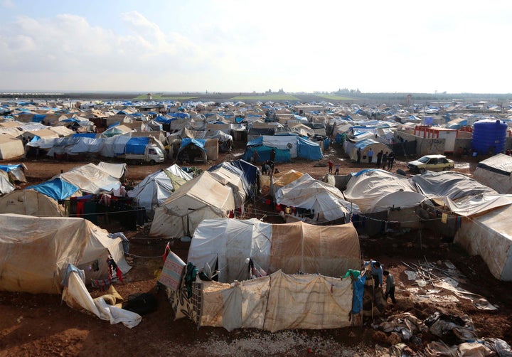 Thousands have gathered in camps near the Turkish border, including at Bab al-Salam.