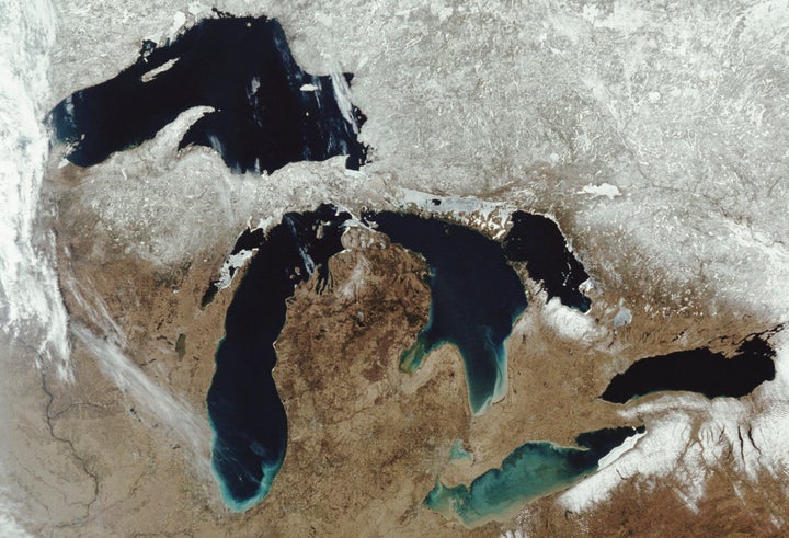 Image of the five great lakes -- Lake Superior, Lake Michigan, Lake Huron, Lake Erie and Lake Onatario -- taken by NASA's Aqua satellite in 2004.