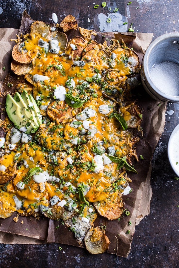 Crispy Buffalo Cheddar Potato Nachos