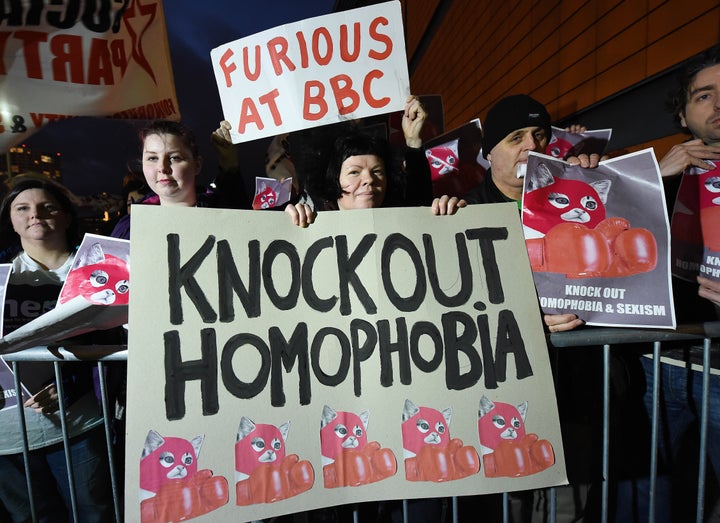 Lesbian, Gay, Bisexual and Transgender supporters protest at the BBC Sports Personality of the Year awards taking place at the SSE Arena on December 20, 2015 in Belfast, Northern Ireland. 