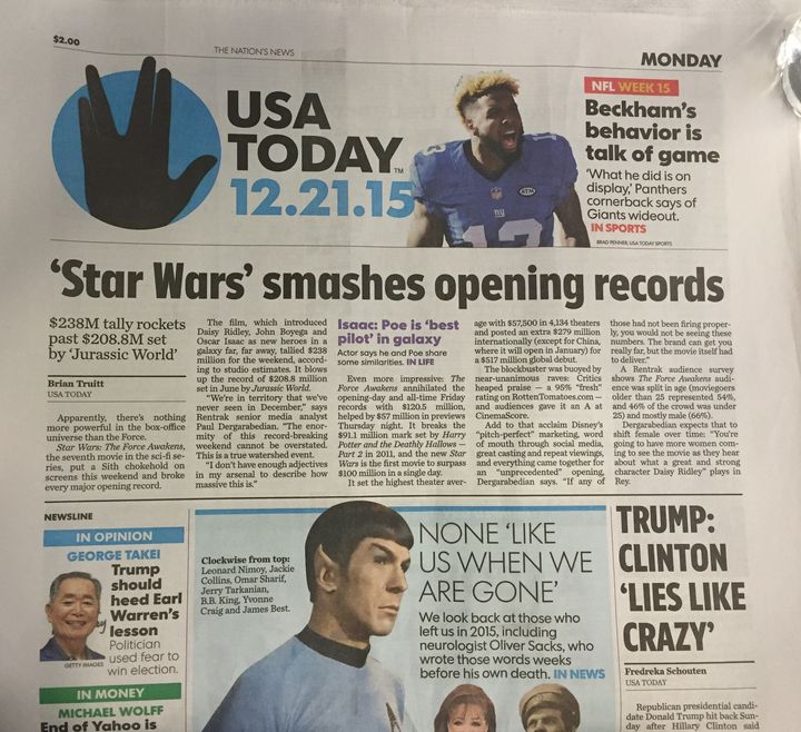 USA Today found multiple ways to plaster their front page with "Star Trek" references on Monday, despite the lead story being about "Star Wars."
