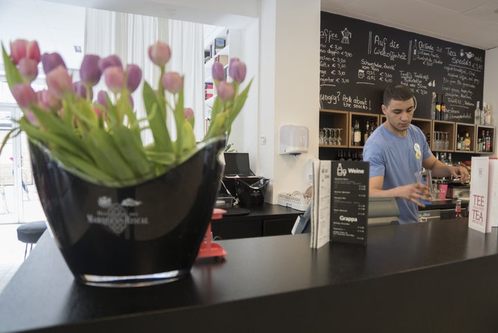 Tayeb from Algeria prepares drinks in the lobby bar of hotel Magdas in Vienna, Austria on April 16, 2015.