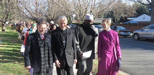 Religious leaders in the Washington, D.C., area joined in the interfaith march on Sunday, including Rabbi M. Bruce Lustig of the Washington Hebrew Congregation (left); Cardinal Wuerl of the Roman Catholic Archdiocese of Washington (second from left); and the Rt. Rev. Mariann Edgar Budde, bishop of the Episcopal Diocese of Washington (right)