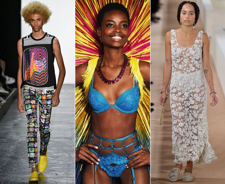 (From left to right): Michael Lockley in Jeremy Scott's Spring 2016 Show, Maria Borges in the 2015 Victoria's Secret Fashion Show and Zoe Kravitz in Alexander Wang's final Balenciaga show.