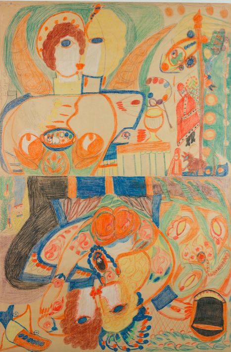 Aloïse Corbaz, “Baptism of Pius XII/A kiss to the aviator — Pope Pius XII counterfeiter and his Sphinx on the seat” (circa 1955), colored pencil on a sheet of paper folded in the middle, 59 x 39 3/8 inches (photo by Olivier Laffely, Atelier de numérisation, Ville de Lausanne, © Collection de l’Art Brut)